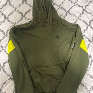 Adidas Men's Olive Green Hoodie with Yellow Accents